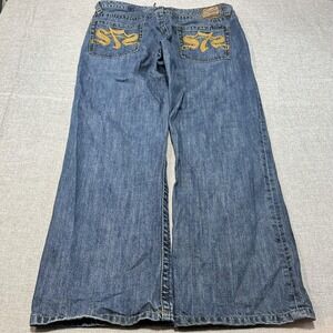 Seven7 Jeans Mens 38x32 Blue Wide Leg Baggy Denim Yellow S7 Embroidered Pockets